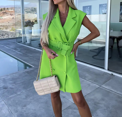 Women's Elegant High-Quality Blazer Dress with Buckle and Button Accents