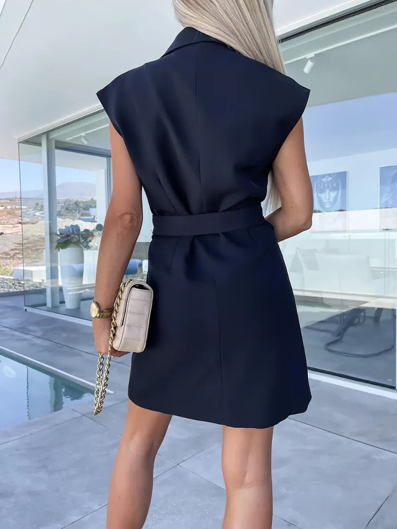 Women's Elegant High-Quality Blazer Dress with Buckle and Button Accents