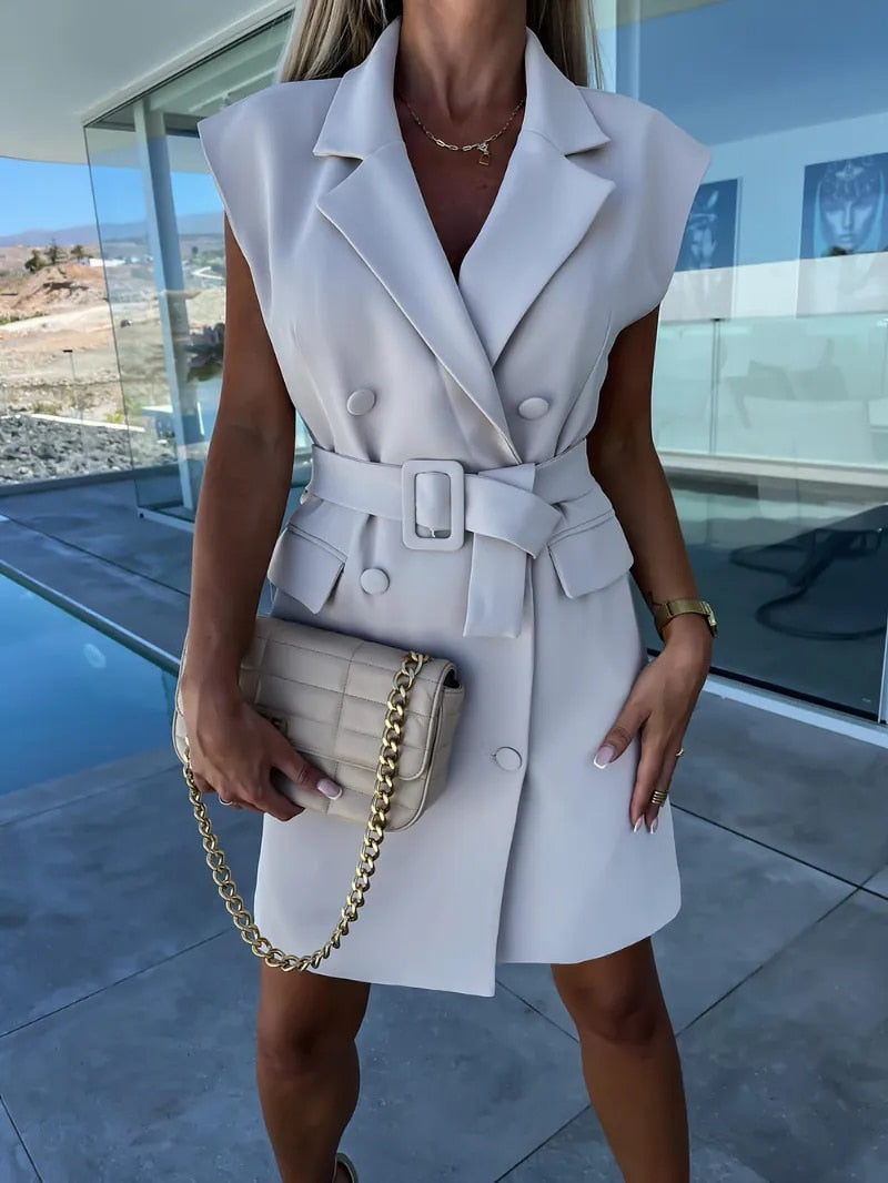Women's Elegant High-Quality Blazer Dress with Buckle and Button Accents