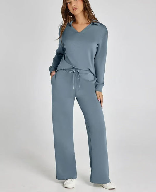 Women's Cozy Soft Fabric Loungewear Set with V-Neck Sweatshirt and Wide-Leg Trousers